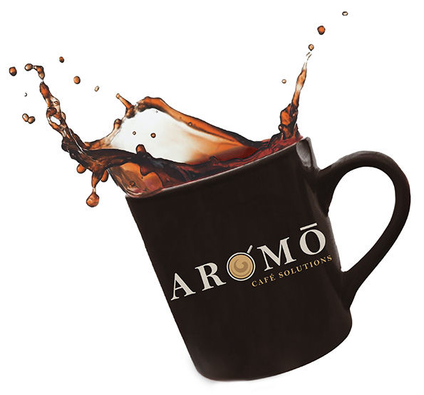 Aromo Cafe Solutions logo on a cup of coffee